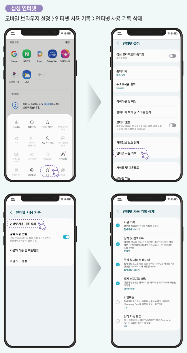 삼성 인터넷: 모바일 브라우저 설정 > 인터넷 사용 기록 > 인터넷 사용 기록 삭제