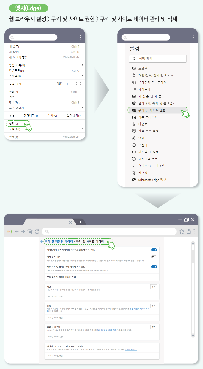 엣지(Edge): 웹 브라우저 설정 > 쿠키 및 사이트 권한 > 쿠키 및 사이트 데이터 관리 및 삭제